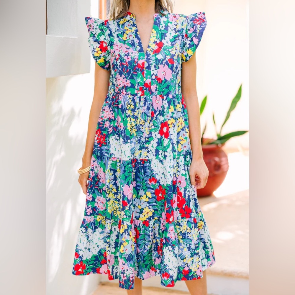 entro Floral Tiered Midi Dress in Blue with Red & Pink Blooms